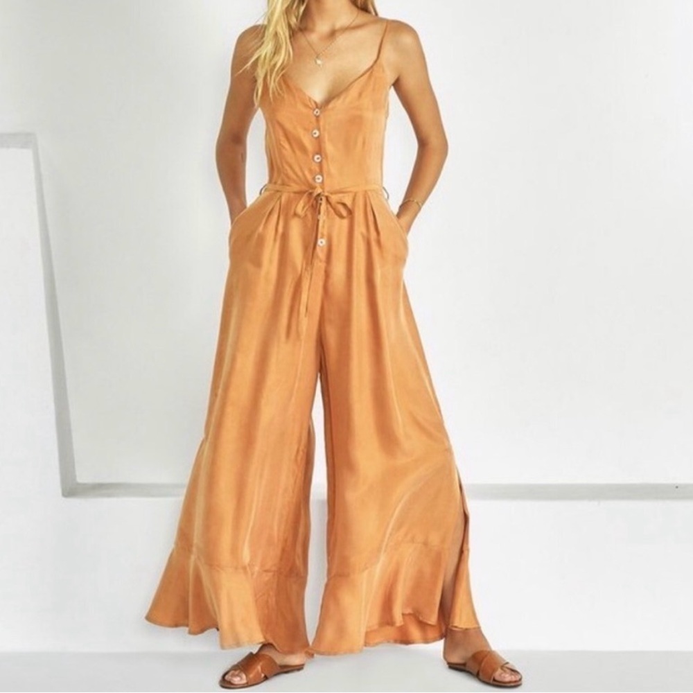 Anthropologie Sencia Lia Jumpsuit Buckwheat Wide Leg Ruffle Bottom Size SP